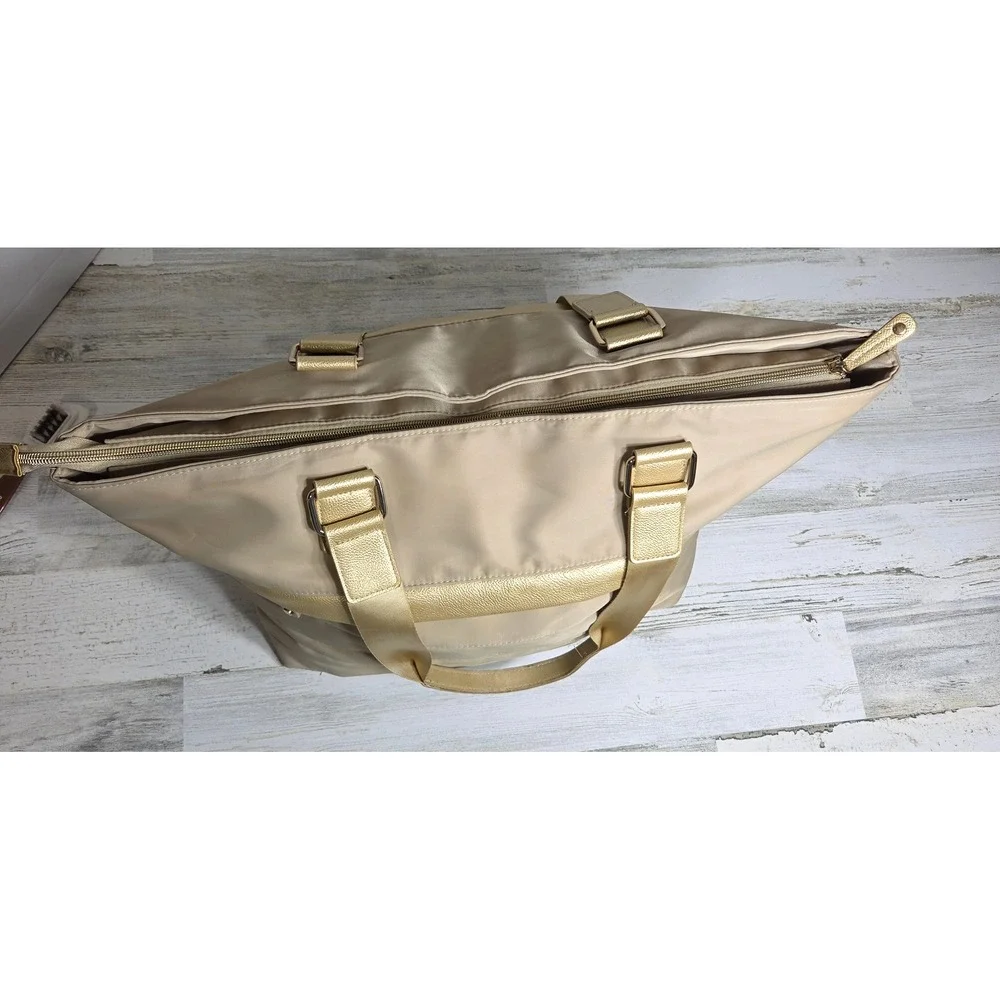 Chicos Large Tote Bag Champagne Gold Nylon Vegan Leather Weekender Travel Purse